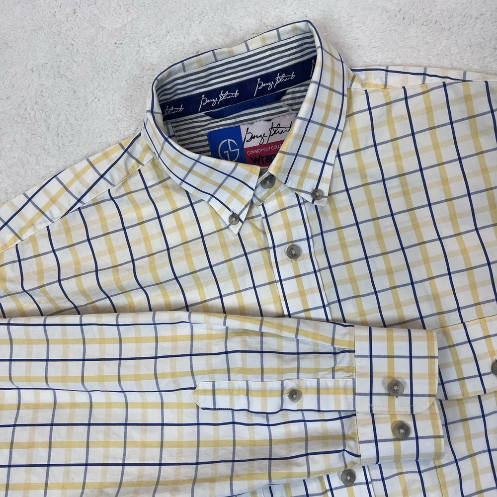 Wrangler George Strait Cowboy Cut Shirt Mens Plaid Button‎  Cotton Yellow Blue